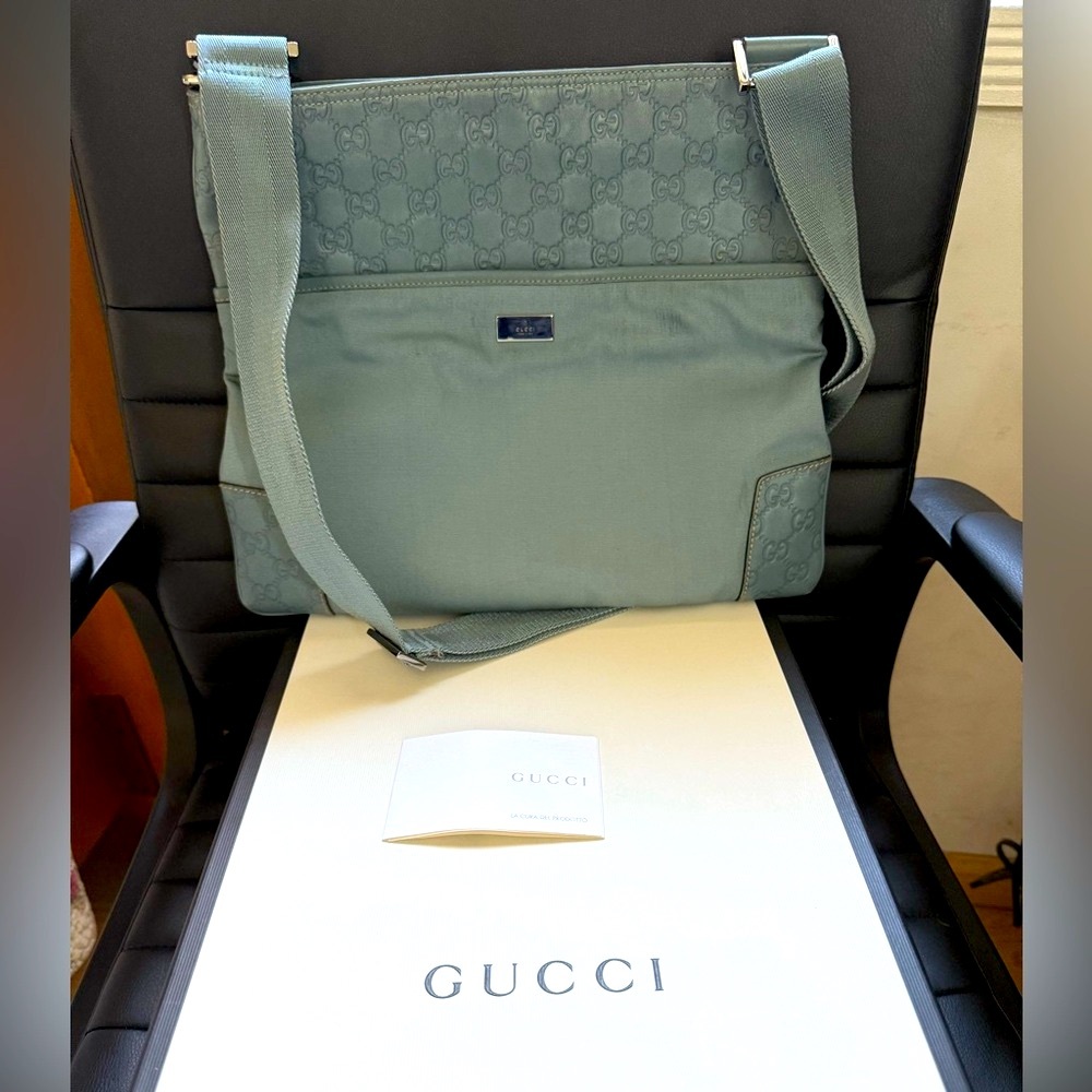 Gucci Crossbody Light Blue Guccissima Leather & Canvas Bag with Box and Dust Bag